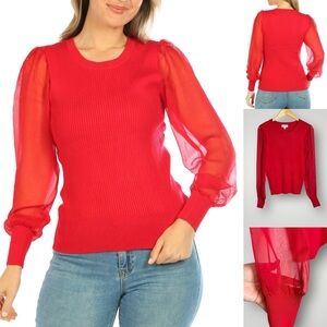 Carmen Marc Valvo Ribbed Knit Top Medium Long Sheer Sleeves Red